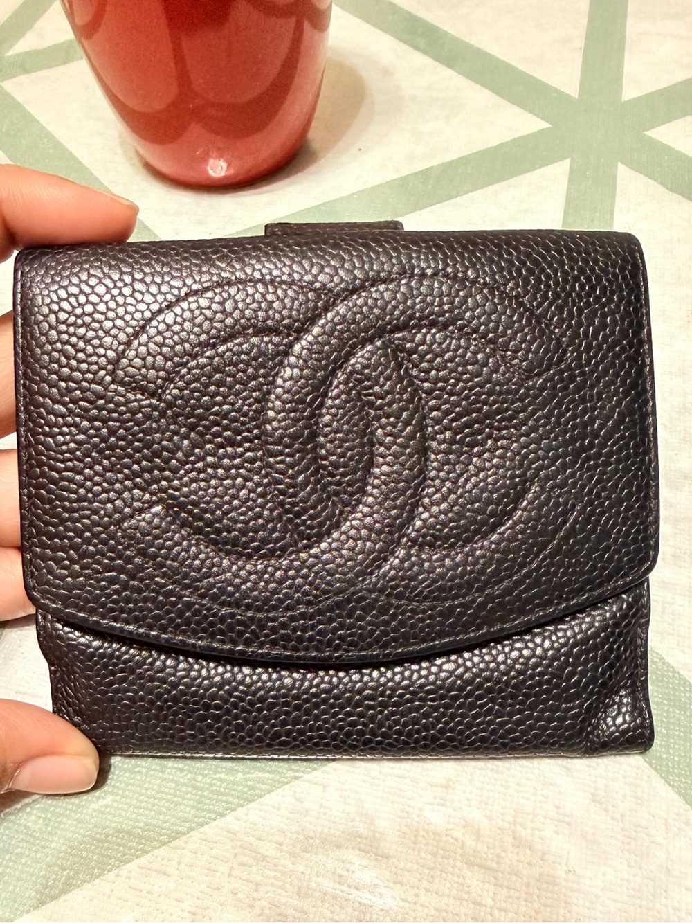 CHANEL Black Caviar Leather bifold compact wallet with CC Logo